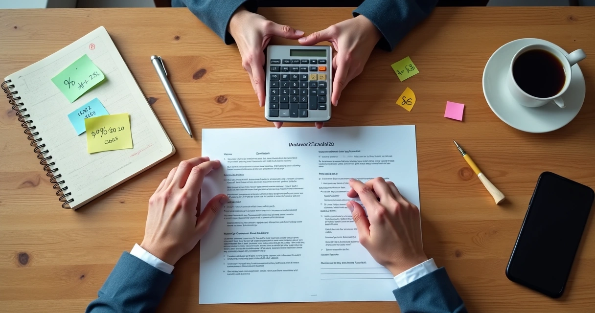 Mãos sobre mesa com contrato, calculadora e caderno de metas