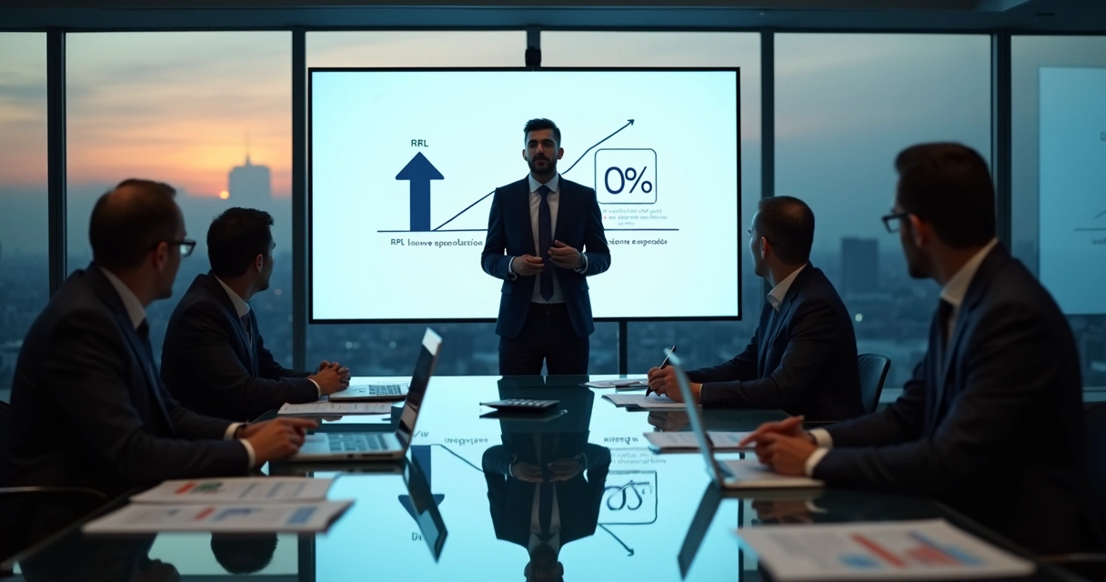 Gestor apresenta proposta de serviço de alto valor para diretoria corporativa em sala de reunião moderna 