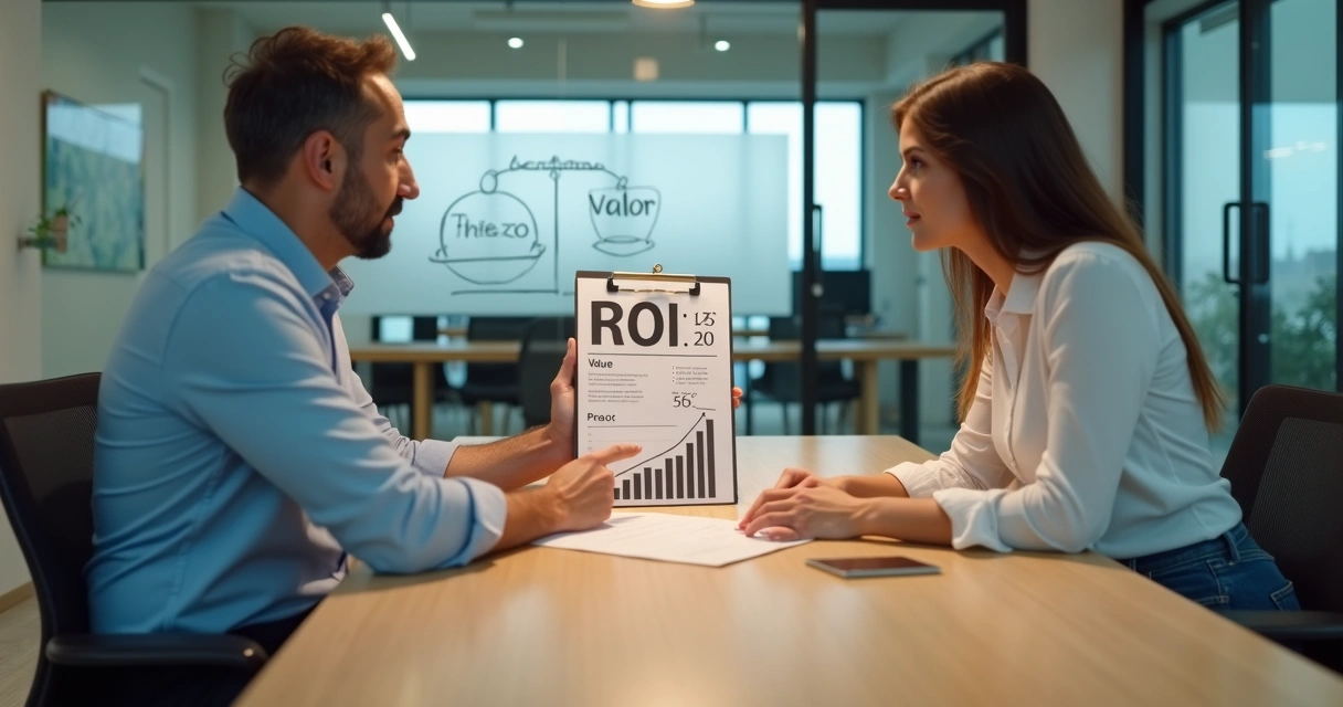 Vendedor mostra cálculo de retorno sobre investimento a cliente em mesa de reunião 