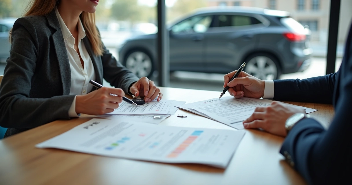 Duas pessoas negociando veículo com papéis da tabela Fipe sobre a mesa 
