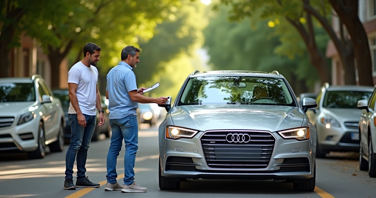Homem negocia venda de carro com comprador em rua tranquila 