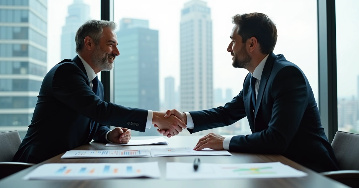 Empresário e consultor negociando venda de empresa