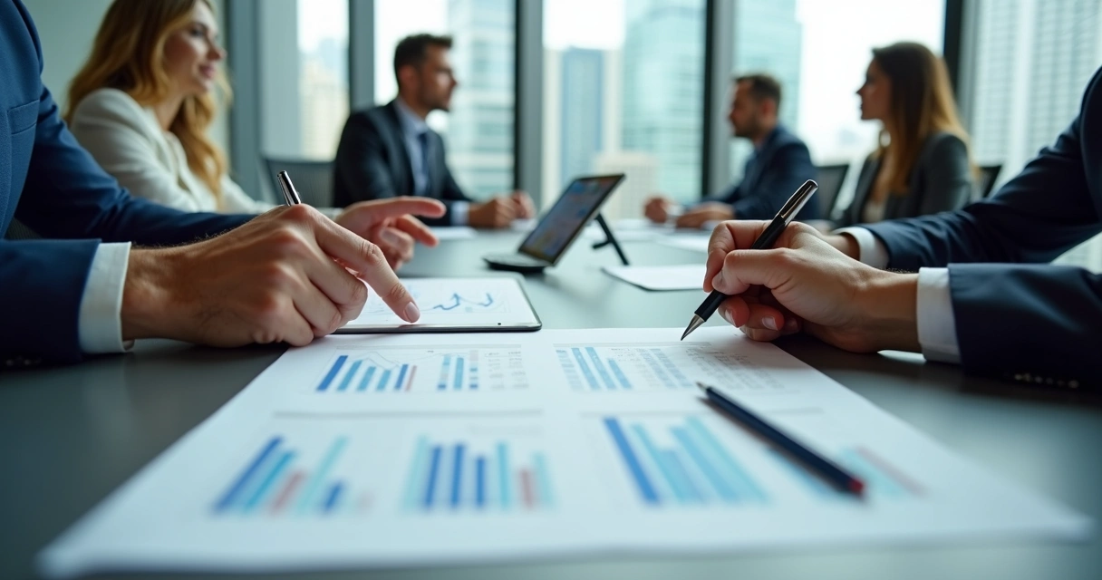 Profissionais de vendas negociando contrato em mesa de reunião. 