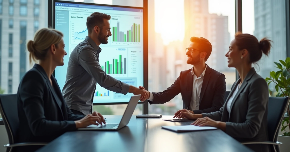 Duas pessoas apertando as mãos em um escritório moderno com gráficos de vendas na tela ao fundo 