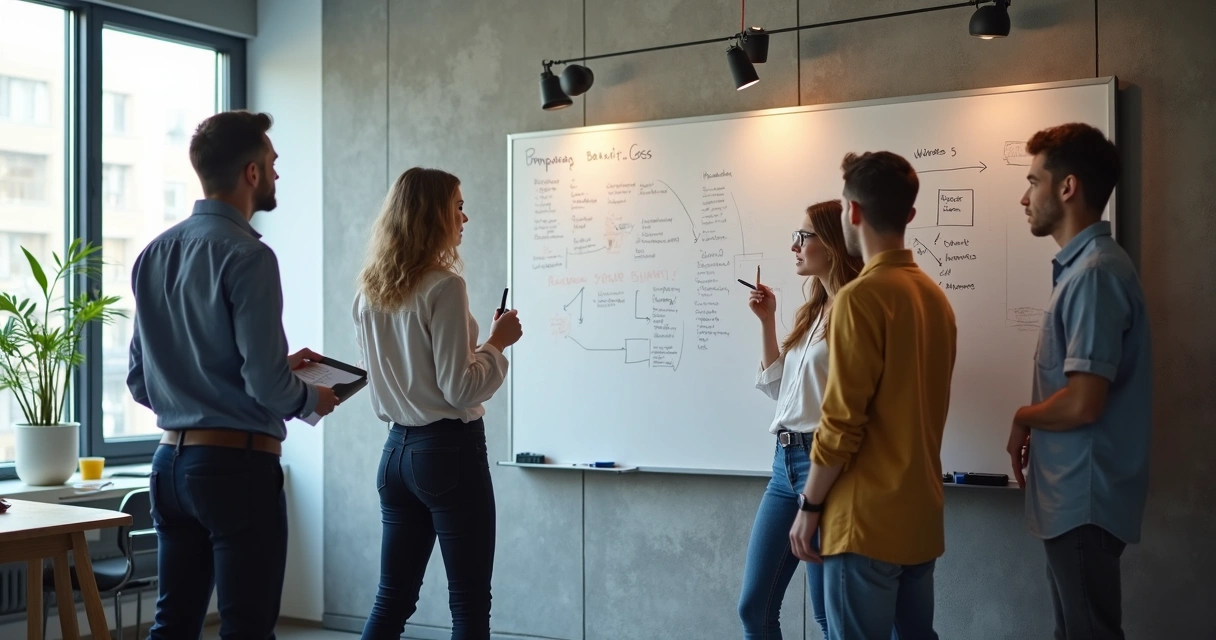 Pequena equipe em escritório discutindo alternativas de benefícios em quadro branco. 