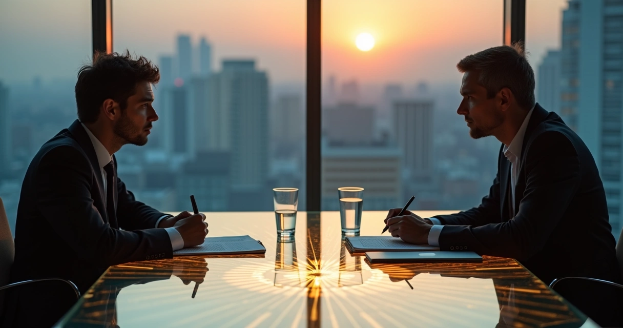 Dos personas negocian con serenidad frente a una mesa de vidrio con reflejo iluminado 