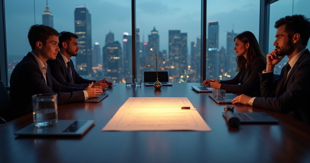 Mesa redonda de negociación con contrato iluminado y ciudad al fondo 