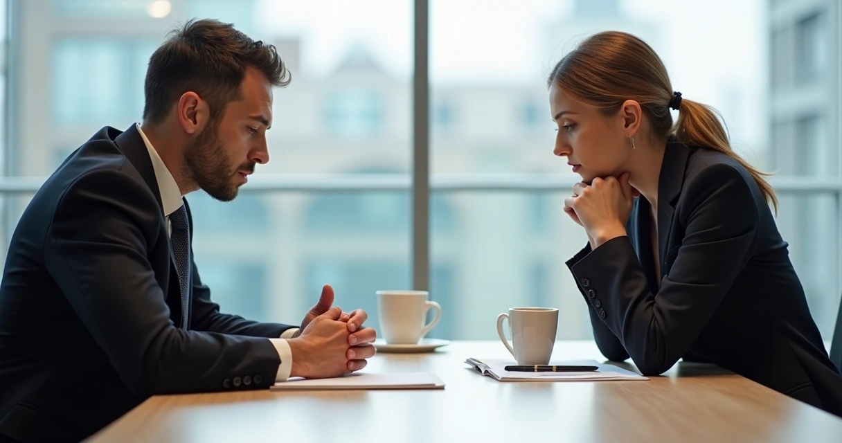 Dos personas negociando en una mesa con una pausa silenciosa, ambos mirando hacia abajo en reflexión
