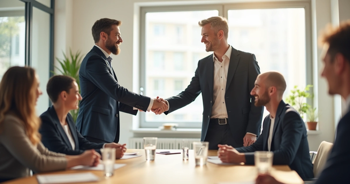 Aperto de mãos entre dois profissionais após negociação bem-sucedida em sala de reunião. 
