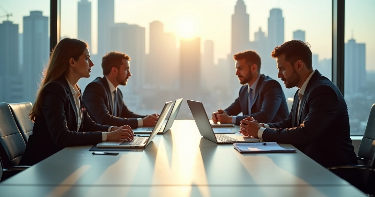 Personas sentadas alrededor de una mesa de negociación en ambiente de oficina 