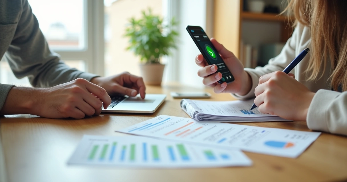 Pessoa negociando contas fixas pelo celular enquanto analisa faturas em uma mesa 