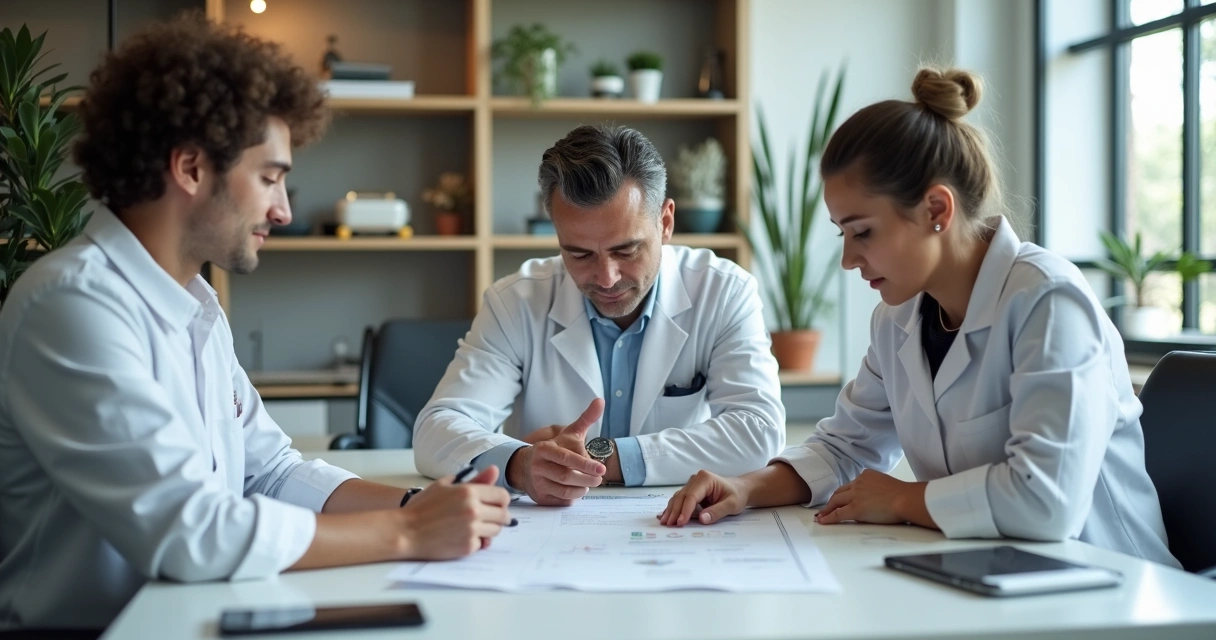 Gestores de clínica odontológica e consultor de marketing conversando 