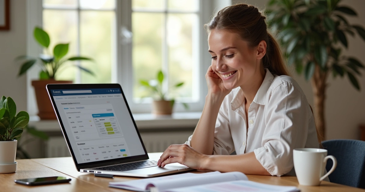 Pessoa sorrindo usando notebook em mesa com caderno e xícara de café 