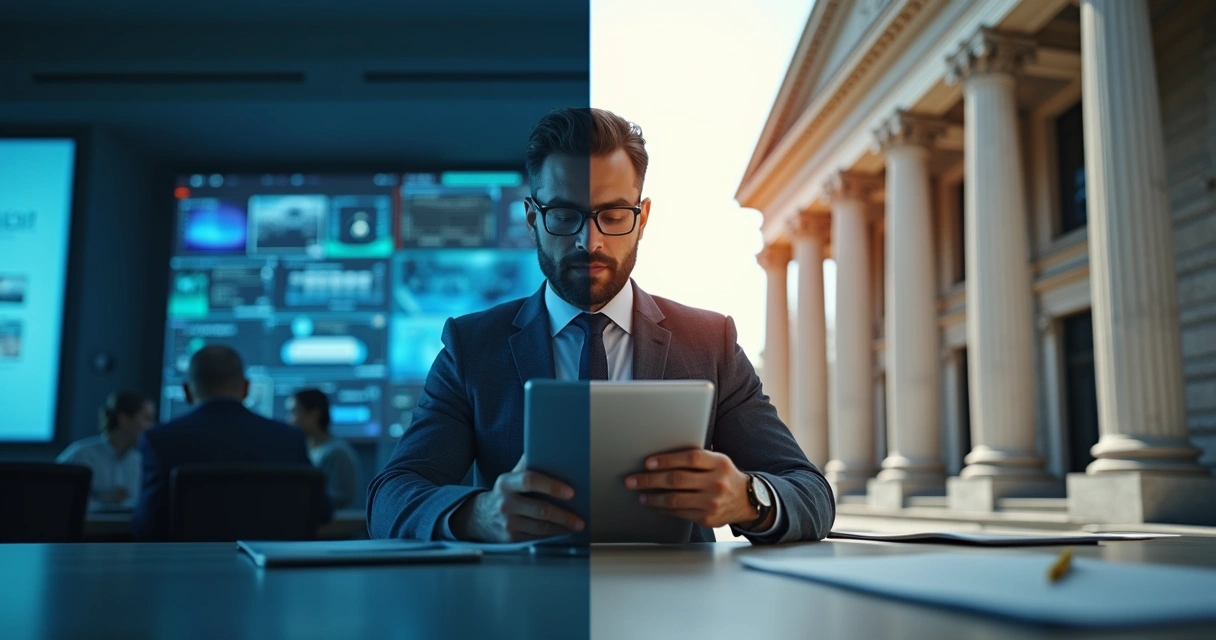Empleado de oficina usando una tablet frente a una pared dividida, mitad oficina moderna, mitad edificio de banco clásico. 