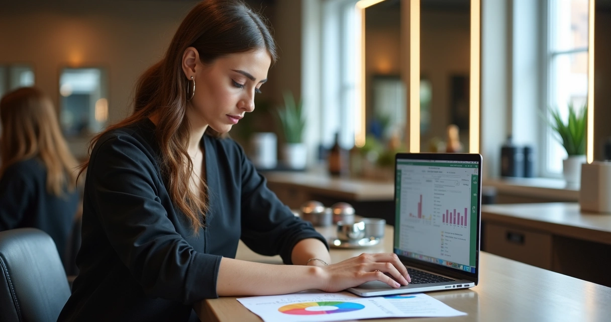 Profissional de beleza analisando planilhas de preços no salão 