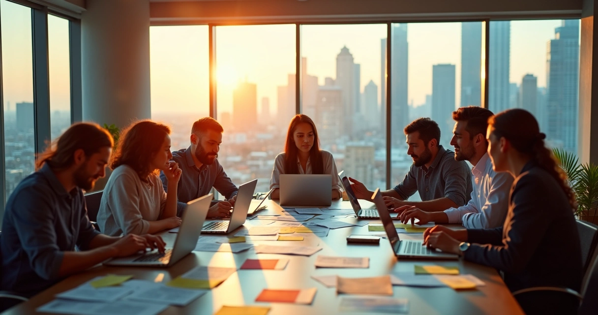 Grupos de empreendedores discutindo estratégia digital em mesa de escritório moderno 