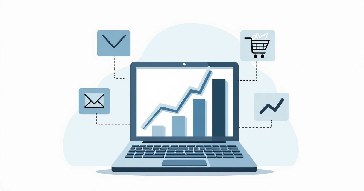 Gráfico ascendente sobre teclado de notebook, ícones digitais ao redor representando crescimento de negócios digitais, ambiente limpo e moderno 
