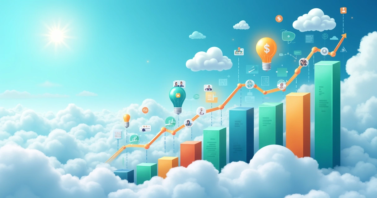 Ilustração mostrando crescimento de negócio SaaS na nuvem com gráficos e ícones modernos 