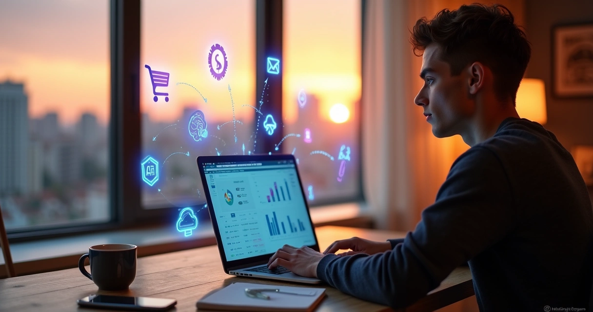 Pessoa em casa criando negócio digital no notebook cercada por ícones de tecnologia e gráficos de crescimento 