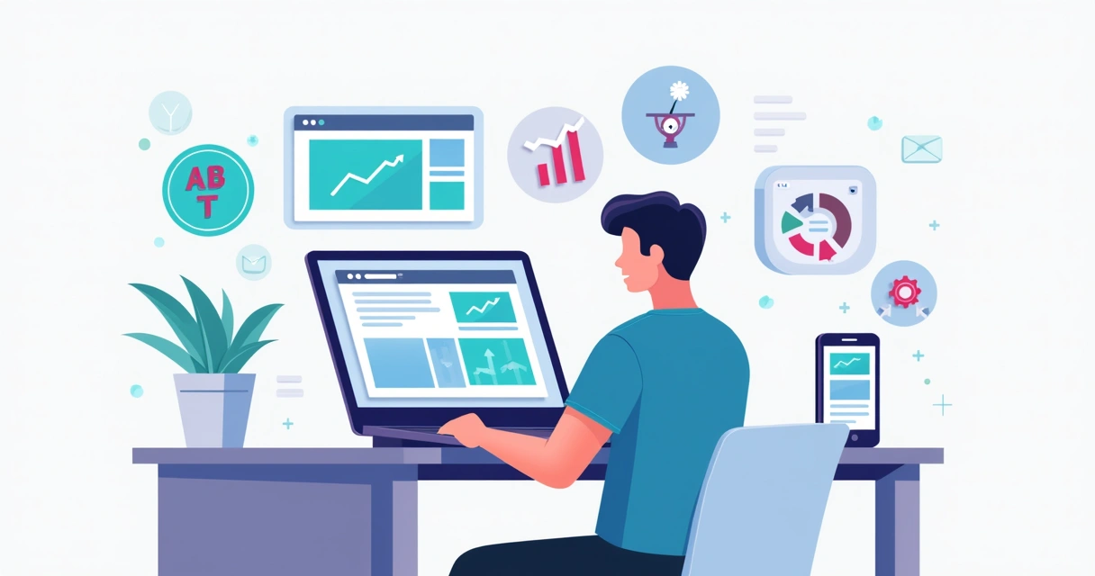 Ilustração de profissional criando negócio digital em computador com gráficos de crescimento 