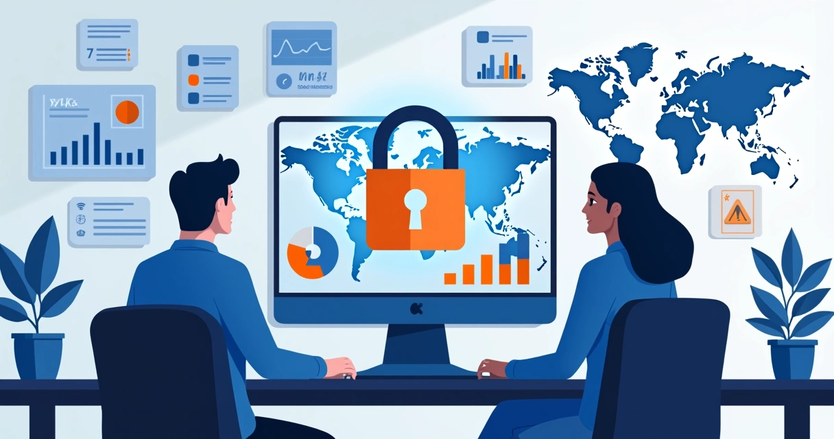 Duas pessoas analisando tela de computador com gráficos de vendas e cadeado digital