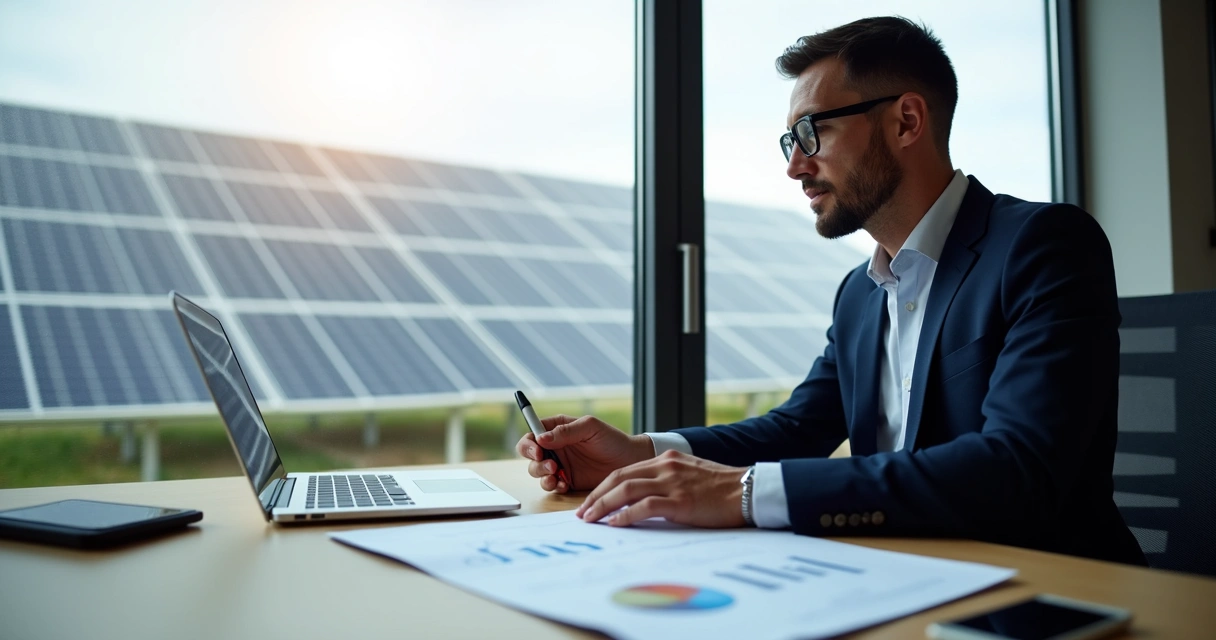 Empresário negociando energia solar com gráfico 