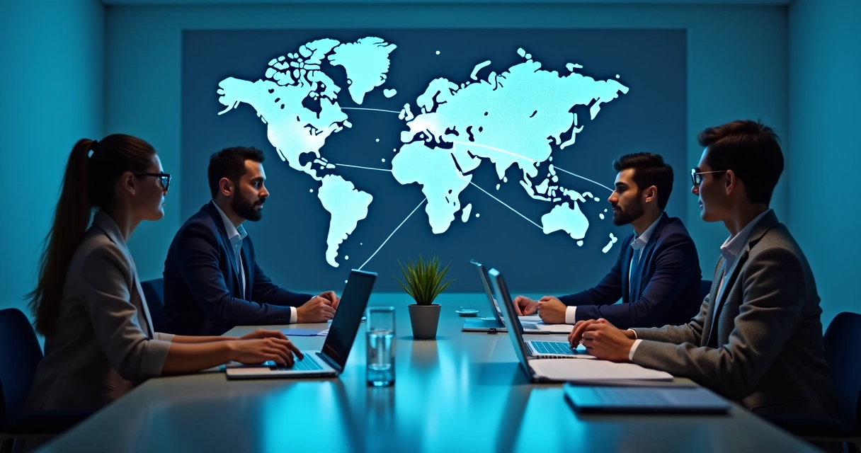 Executivos discutem frente a mapa mundi digital 