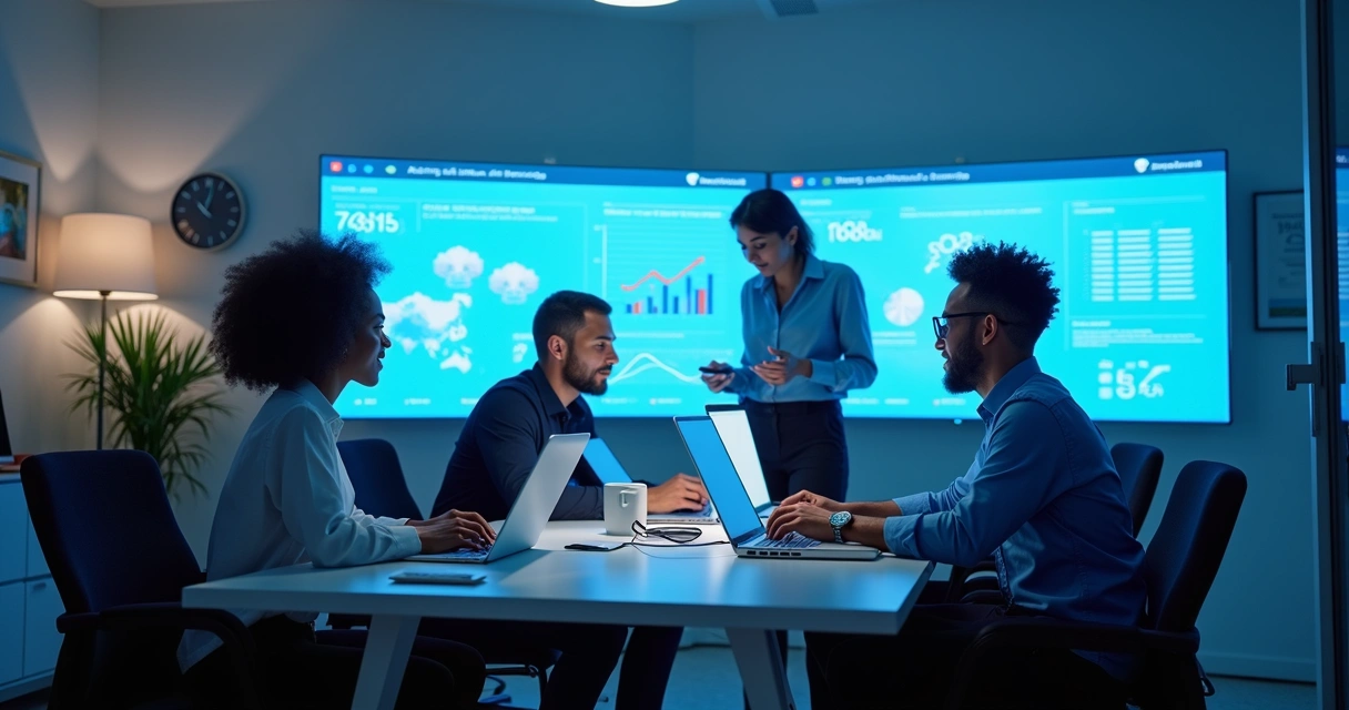 Equipe empresarial usando tecnologia de inteligência artificial em escritório moderno 