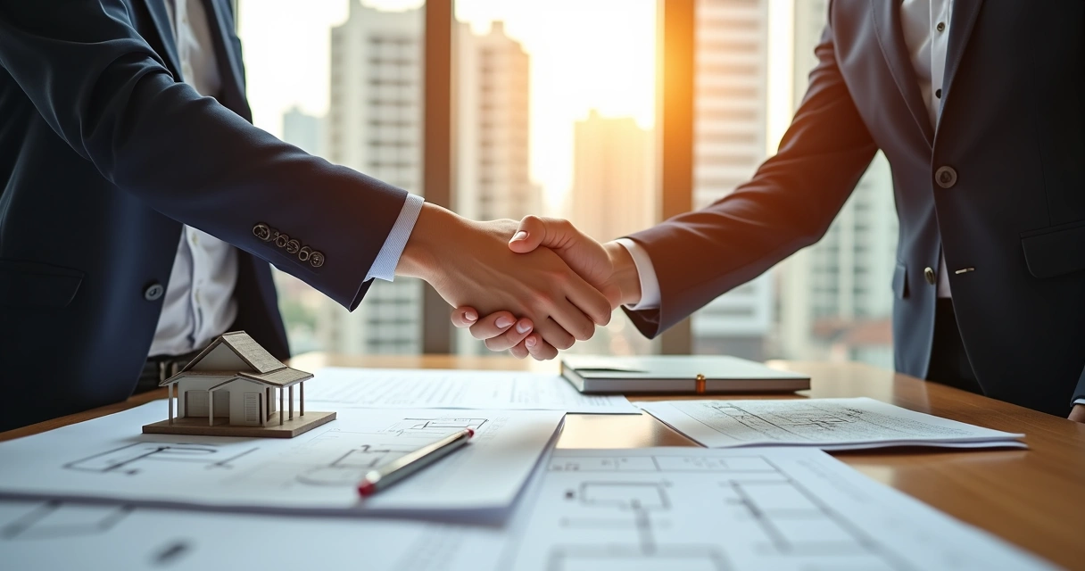 Acordo sendo assinado sobre um terreno com plantas e contratos ao fundo 