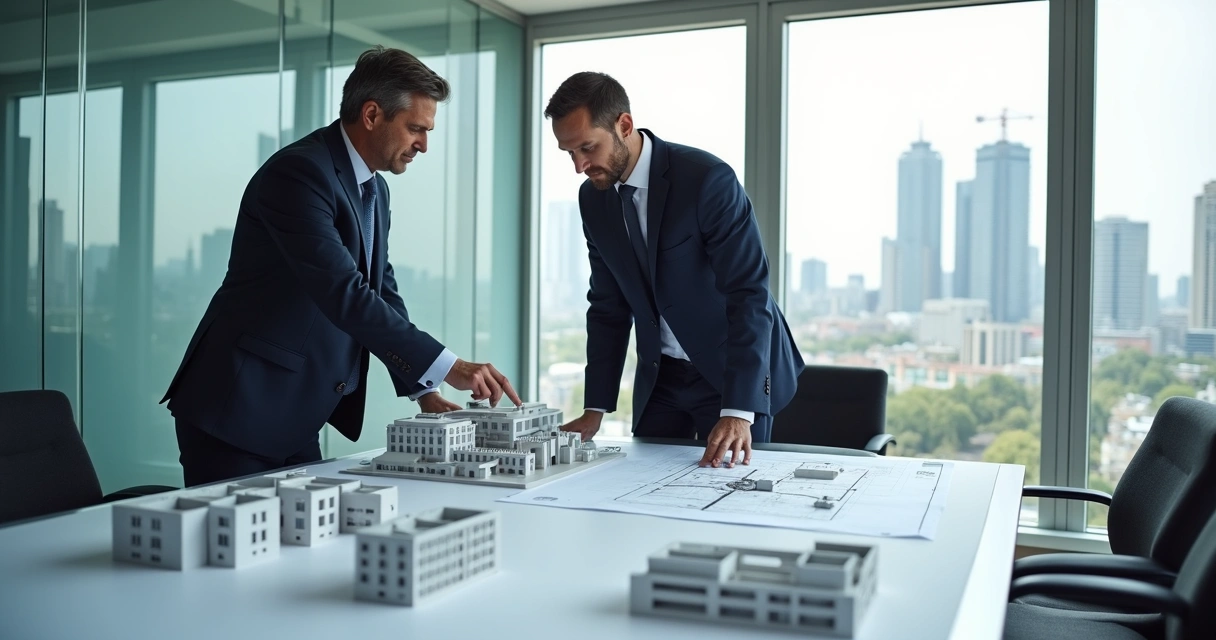 Empresário e engenheiro analisando plantas e modelos de edifícios para negociação de permuta.