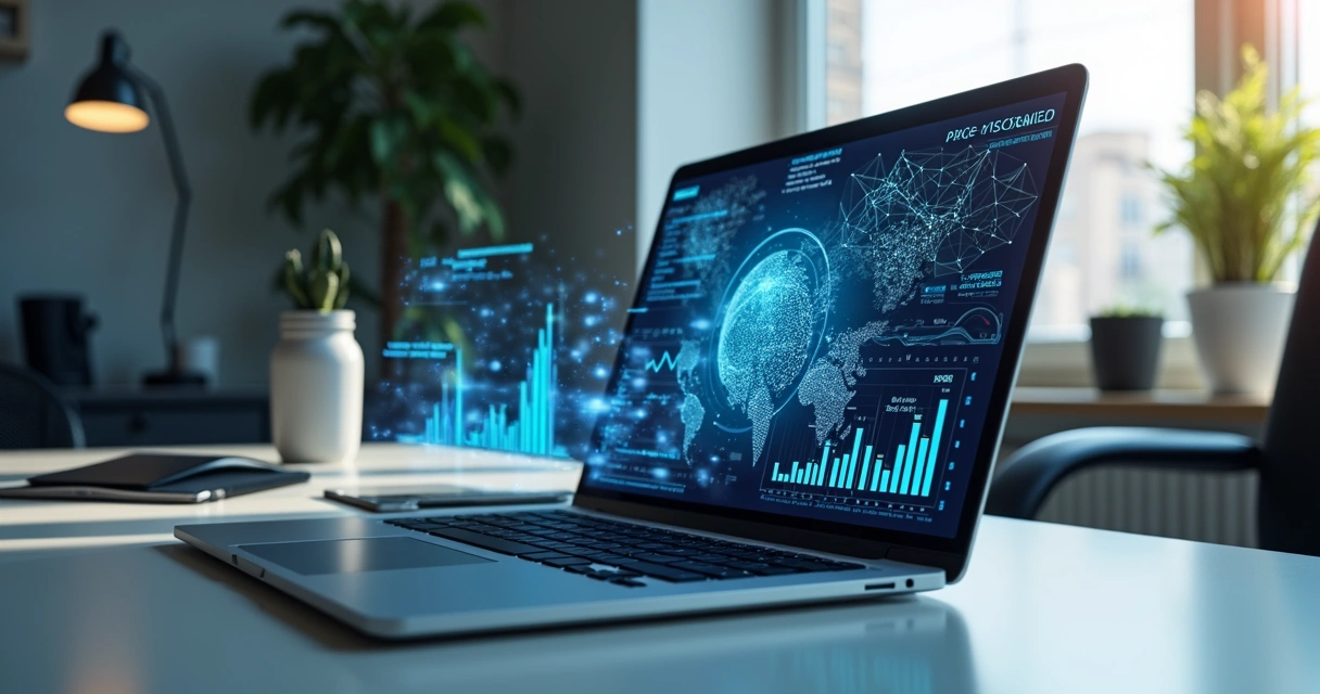Mesa de escritório com notebook aberto exibindo gráficos e códigos de inteligência artificial, com elementos tecnológicos ao redor e fundo moderno 