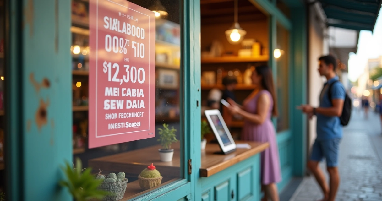 Foto de uma loja de bairro exibindo cartaz e anúncio digital na tela 