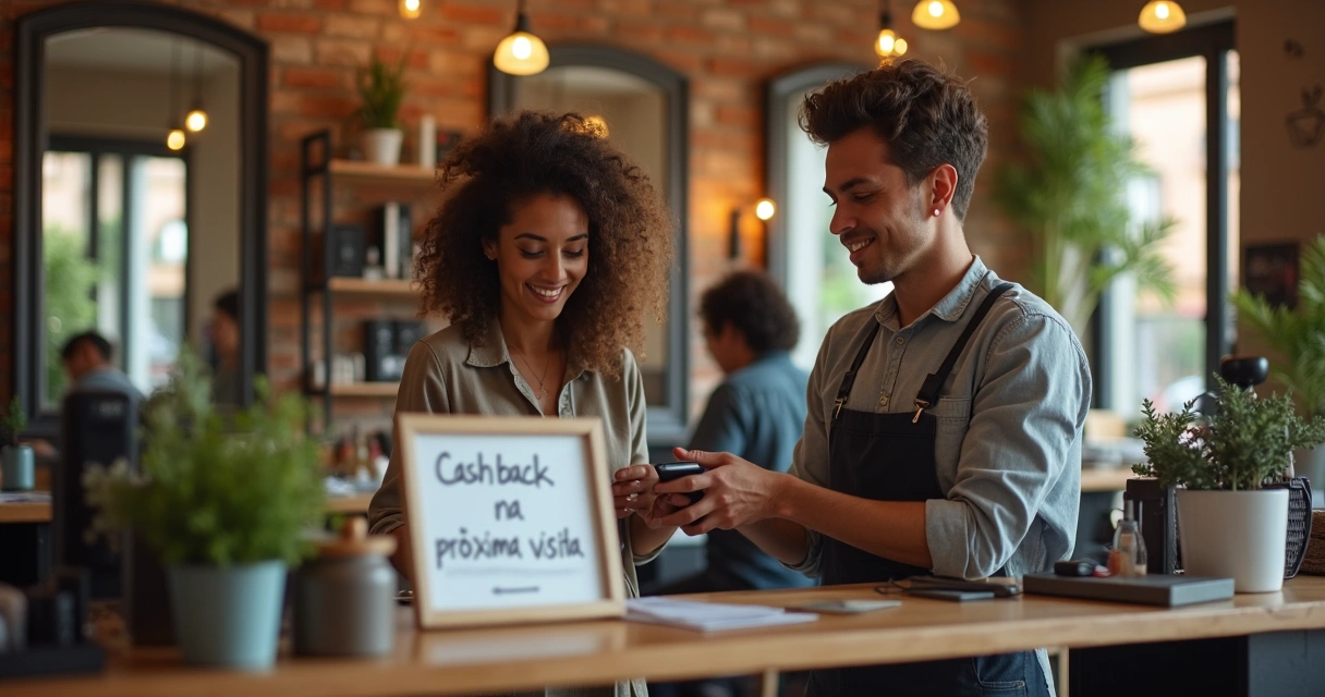 Salón de belleza local con cartel de cashback en la vitrina