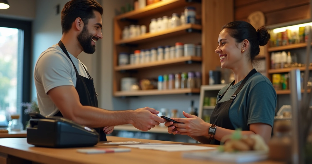 Cliente efetuando pagamento com celular em pequeno comércio 