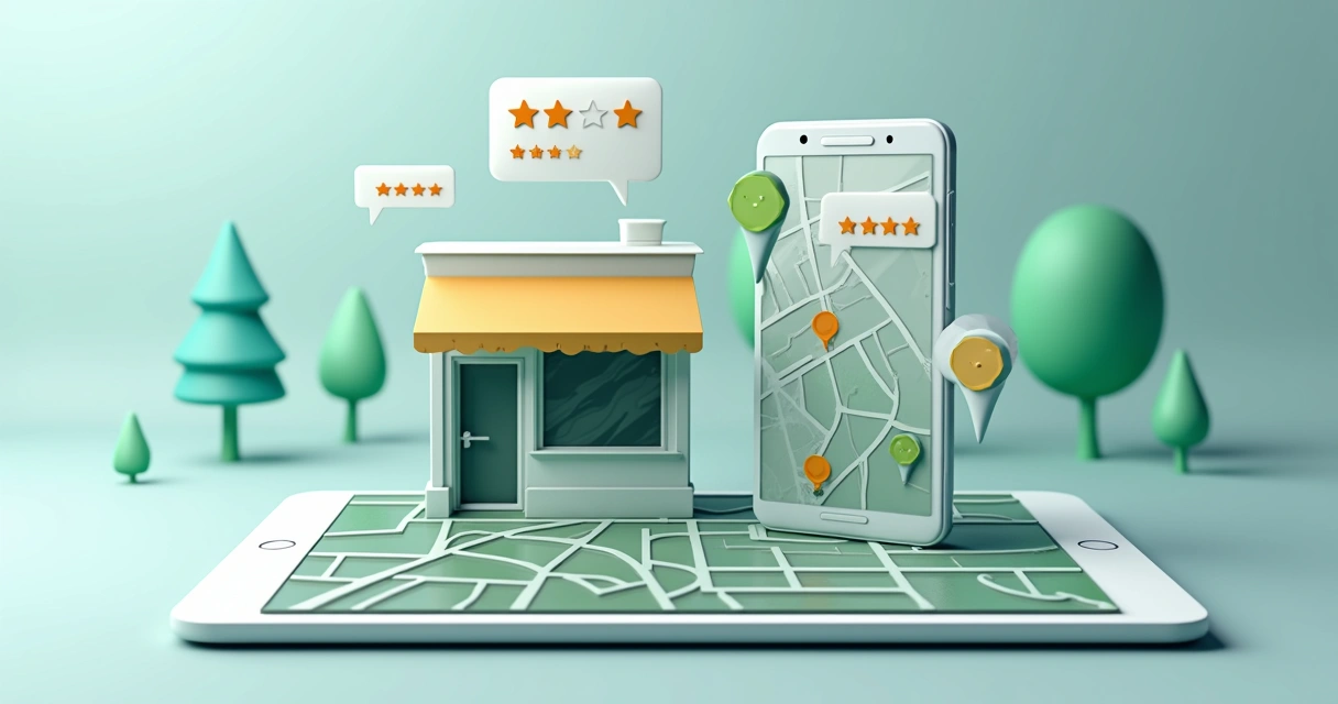 Loja local sendo destacada digitalmente em um mapa virtual. 