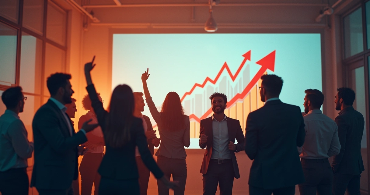 Gráfico apontando para cima e equipe empresarial celebrando resultados 
