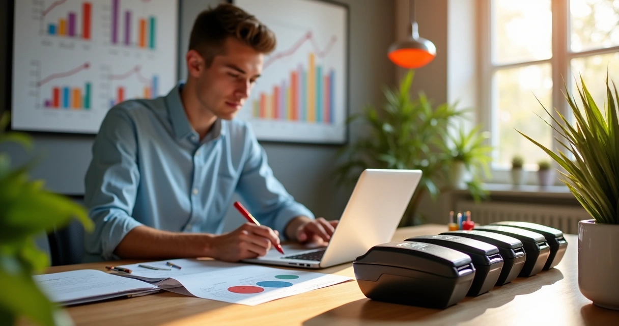Empreendedor analisando gráficos de vendas ao lado de maquininhas personalizadas 