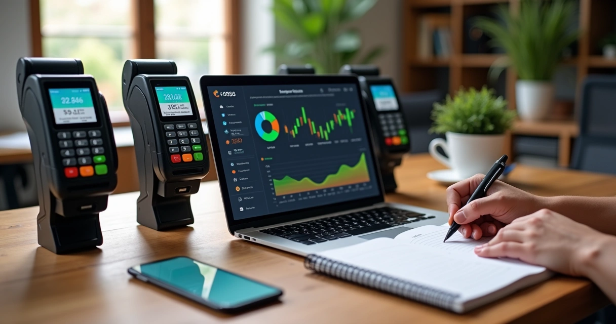 Mesa de trabalho com maquininhas de pagamento customizadas, laptop aberto mostrando gráficos financeiros e pessoa anotando em caderno 