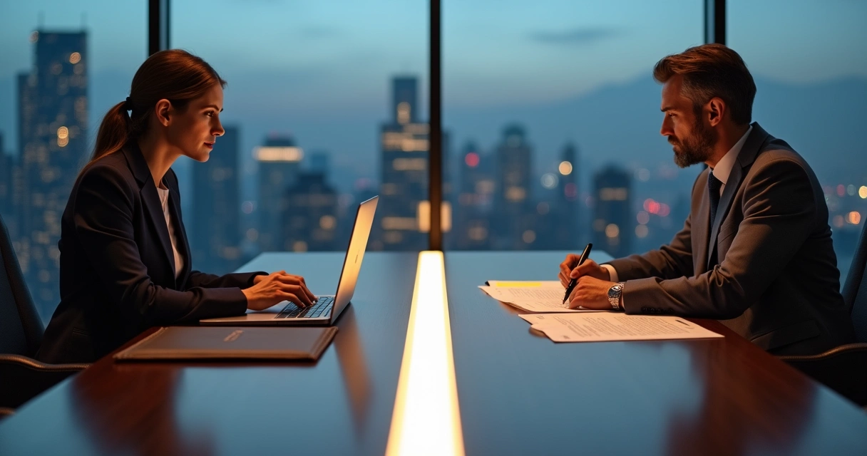 Dois executivos separados por linha brilhante em negociação estratégica de contratos 