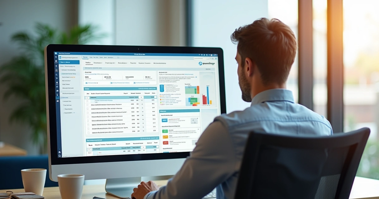 Empresário observa tela de computador com portal de compras públicas aberto, grande janela mostrando editais e oportunidades