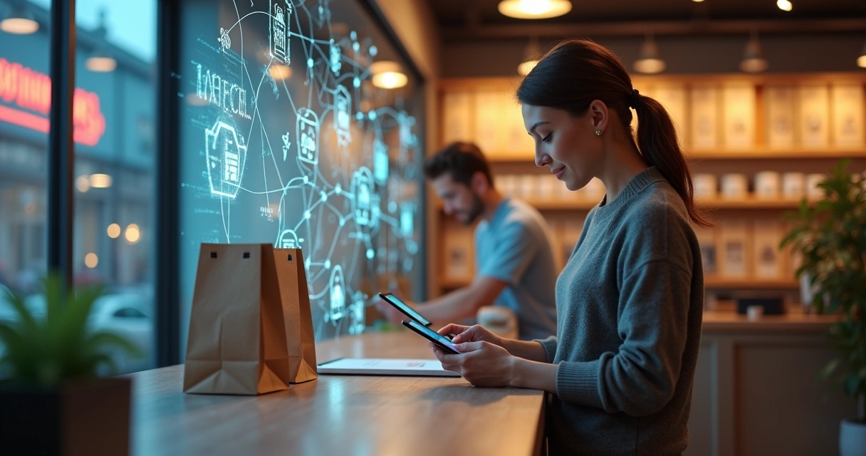 Comércio integrando loja física e digital com atendente e cliente 