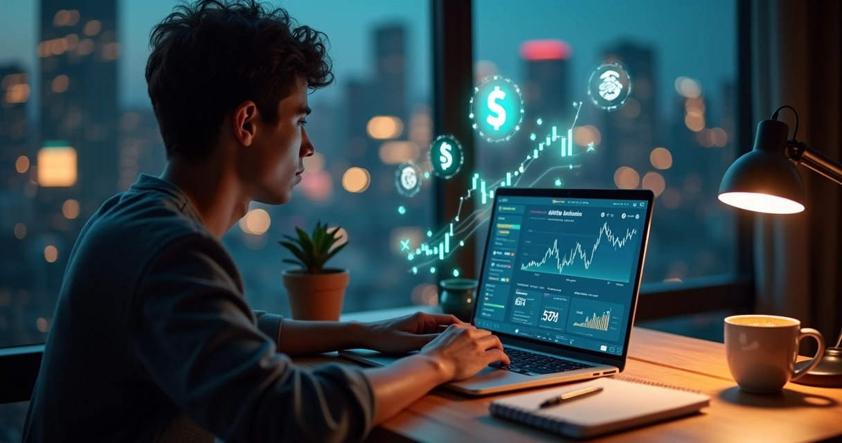 Pessoa trabalhando em negócio online de afiliados no notebook em casa com gráficos de vendas na tela 