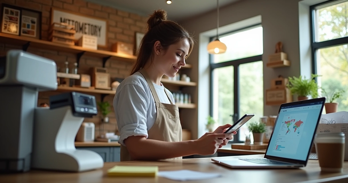 Dono de pequeno negócio usando tablet no balcão, com área de trabalho organizada e equipamentos tecnológicos responsáveis pela automação ao fundo. 