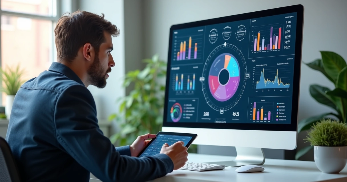 Empresário utilizando sistema de inteligência artificial para gestão financeira em microempresa, com gráficos financeiros na tela do computador e ambiente de escritório moderno 