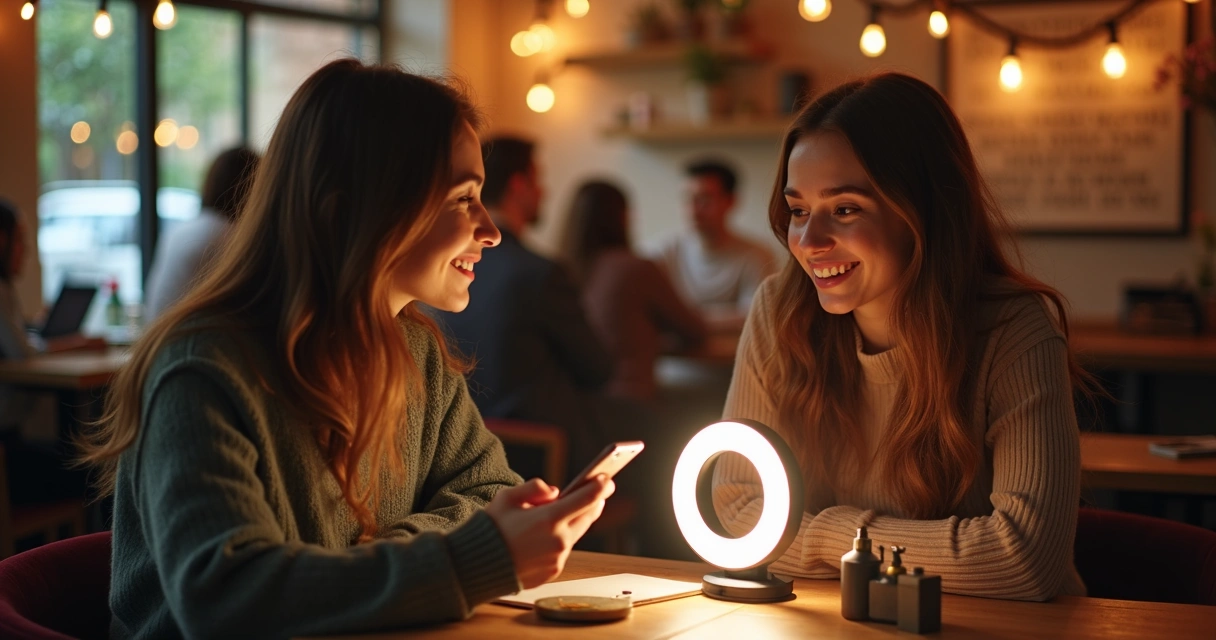 Empresária mostrando produto para influenciadora digital em mesa com celular e luz de ringlight 