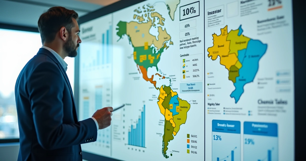 Gestor observa quadro branco com esquema de planejamento fiscal e mapas de estados do Brasil 