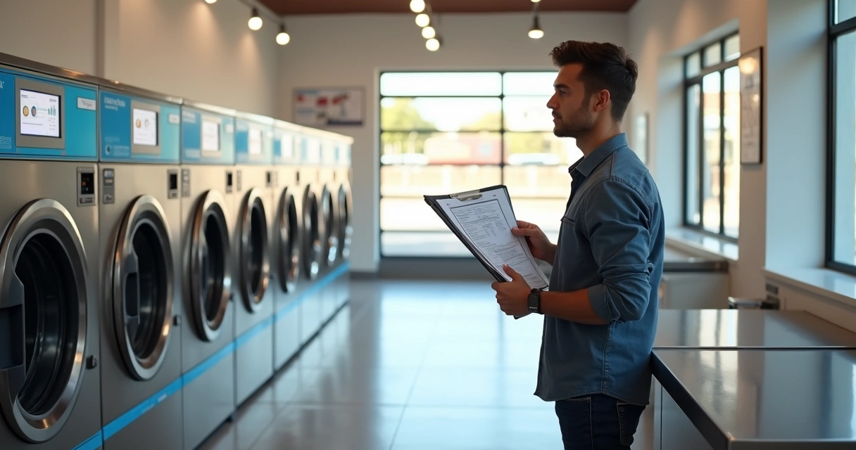 Empreendedor em lavanderia de autoatendimento moderna analisando plano de negócio 