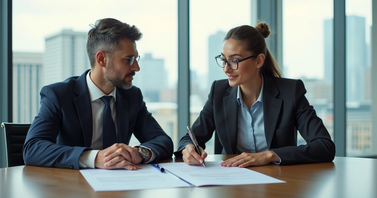 Empresário em sala de reunião assinando apólice de seguro ao lado de sócio 