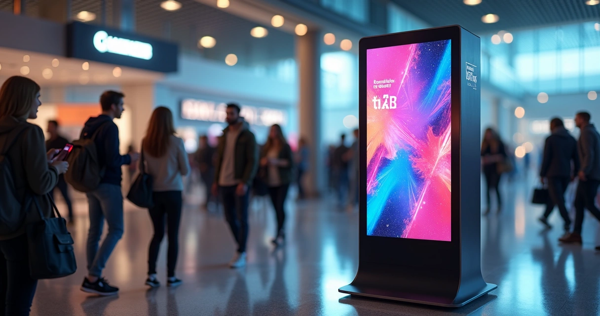 Totem digital mostrando anúncios em local movimentado com pessoas ao redor 