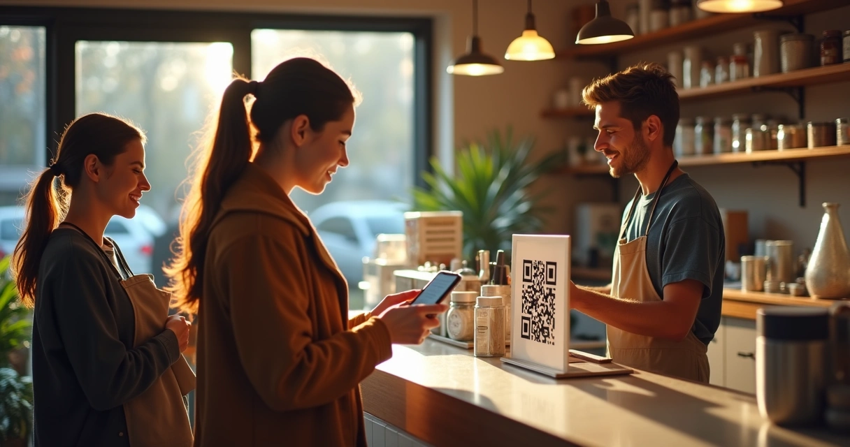 Vários clientes diferentes pagando com QR Code em loja 